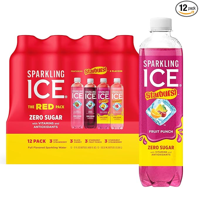 Sparkling Ice STARBURST Red Variety Pack, Zero Sugar Flavored Sparkling Water, Vitamins & Antioxidants, 17 fl oz, 12 count (Kiwi Strawberry, Black Cherry, Starburst Fruit Punch, Starburst Watermelon)