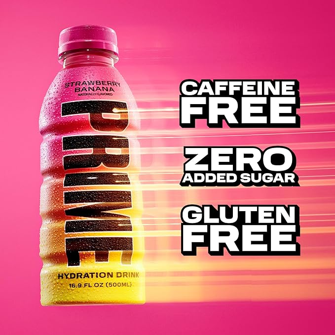 PRIME Hydration STRAWBERRY BANANA, Sports Drinks, Electrolyte Enhanced for Replenishing Fluids, 250mg BCAAs, B Vitamins, Antioxidants, Low Sugar, 16.9 Fl Oz, 12 Pack