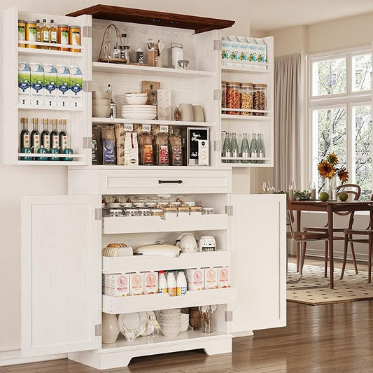 IRONCK Farmhouse Kitchen Pantry Cabinet, 72" Height Tall Freestanding Cupboard with Sliding Storage Rack and 6 Hanging Shelves for Kitchen, Dining Room, White