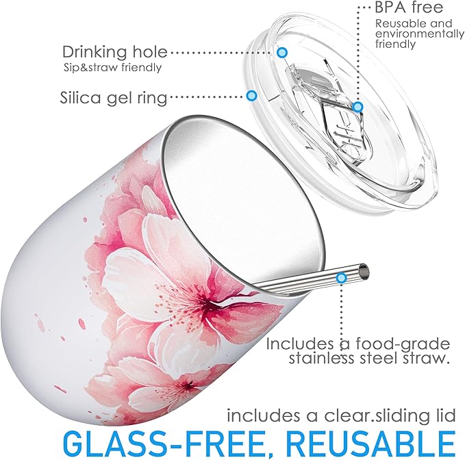 THILY Stainless Steel Insulated Wine Tumbler Stemless Wine Glass with Lid and Straw, Splash-proof, Cute Travel Cup for Coffee, Cocktails, for Women, Mother, Wife, Girls, Cherry Blossoms