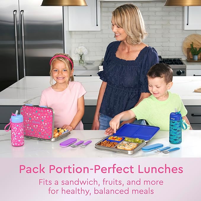 Bentgo Kids Stainless Steel Prints Leak-Resistant Lunch Box - 3-Compartments with Silicone Container, Durable, Eco-Friendly, Dishwasher Safe, BPA-Free, for School, Ages 3+ (Rainbows & Butterflies)