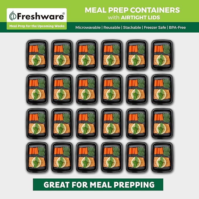 Freshware Meal Prep Containers [50 Pack] 1 Compartment with Lids, Food Storage Containers, Bento Box, BPA Free, Stackable, Microwave/Dishwasher/Freezer Safe (24 oz)