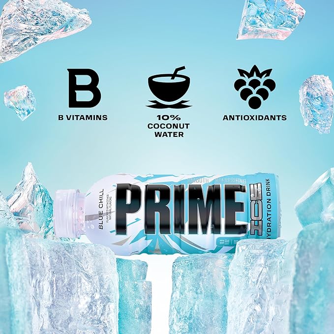 PRIME Hydration ICE BLUE CHILL, Sports Drinks, Electrolyte Enhanced for Ultimate Hydration, 250mg BCAAs, B Vitamins, Antioxidants, Low Sugar, 16.9 Fl Oz, 12 Pack