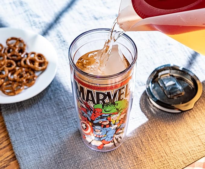 Silver Buffalo Marvel Avengers Featuring Spider-Man, Captain America, Thor, Hulk, and Iron Man Double Wall Travel Tumbler with Slide Close Lid, 20 Ounces