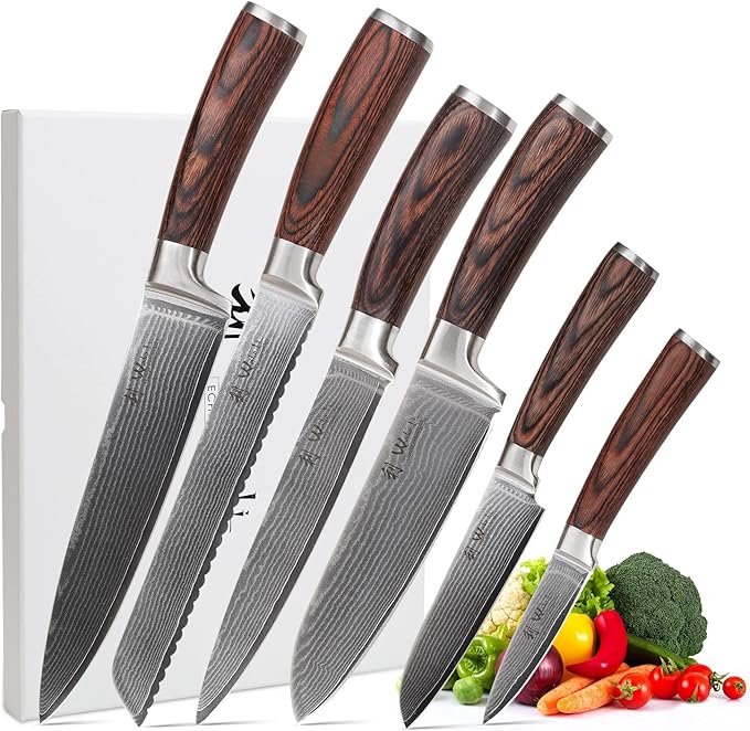 Wakoli EDIB 6-Piece Damascus Knife Set – Professional Chef Knives Set with VG10 Core Blades, 67-Layer Damascus Steel and Ergonomic Pakkawood Handles – Premium Kitchen Knives in Wooden Gift Box
