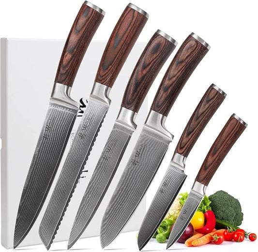 Wakoli EDIB 6-Piece Damascus Knife Set – Professional Chef Knives Set with VG10 Core Blades, 67-Layer Damascus Steel and Ergonomic Pakkawood Handles – Premium Kitchen Knives in Wooden Gift Box