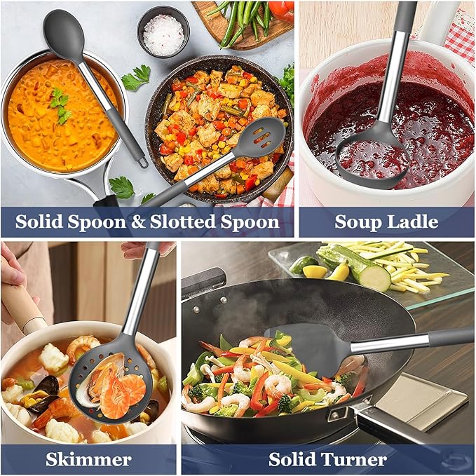 TeamFar Kitchen Utensils, 8PCS Silicone Utensils Kitchen Tools Set with Stainless Steel Handle, for Nonstick Cookware Frying Flipping Draining, Healthy & Anti-heat, Nonstick & Dishwasher Safe - Gray