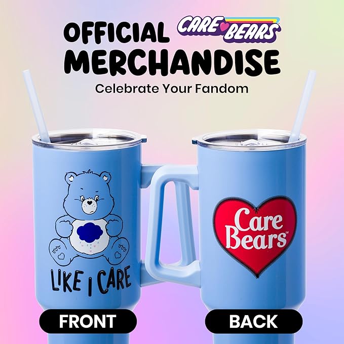 Silver Buffalo Care Bears Grumpy Bear Like I Care Stainless Steel Tumbler with Handle and Straw, Fits in Standard Cup Holder, 40 Ounces