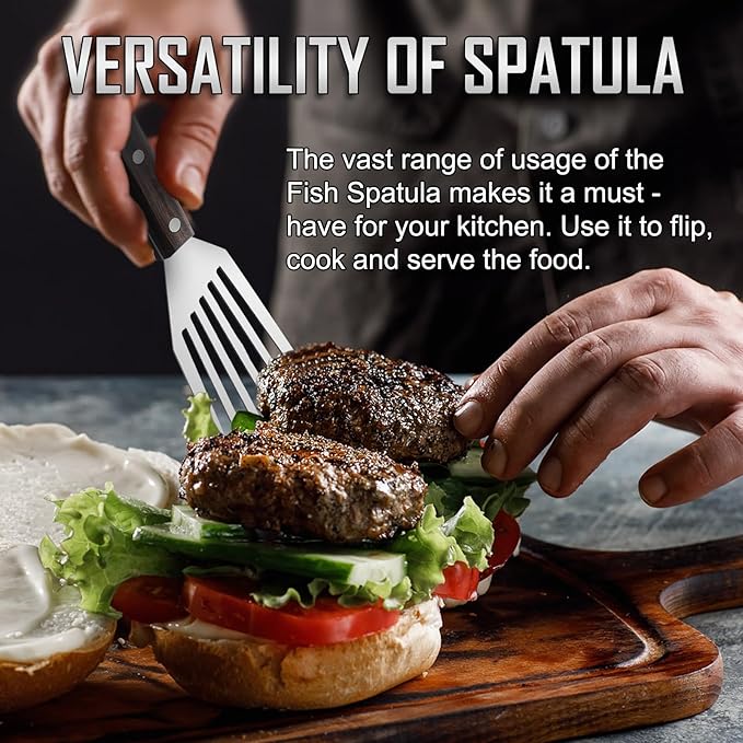 2 Pack Fish Spatula Stainless Steel，Flexible Metal Spatula Perfect for Flipping Eggs, Burgers and Baking, Durable Lightweight Kitchen Slotted Turner for Cooking & BBQ [Wooden Handle]