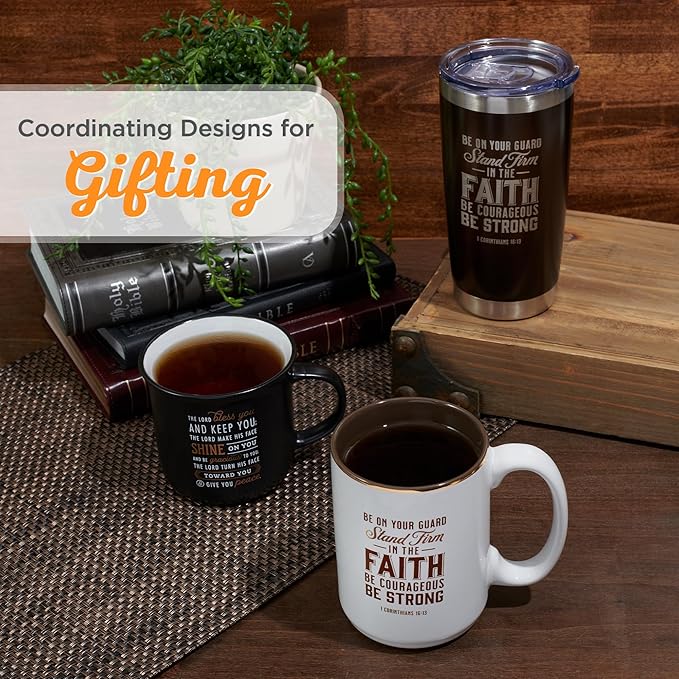 Christian Art Gifts Stainless Steel Double Wall Vacuum Insulated Tumbler 18 oz Brown Travel Mug with Retractable Lid for Women & Men Inspirational Bible Verse - Stand Firm -1 Corinthians 16:13