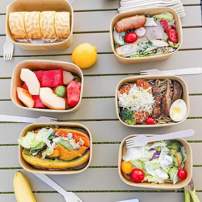 MINCOCO 50 Count Paper Bowls Disposable Meal Prep Containers with Lids【Includes 50 Wooden Forks + 100 Labels】 Salad Food Containers Freezer & Microwave Safe Leakproof Soup Bowls (19 Ounce, 50-Count)