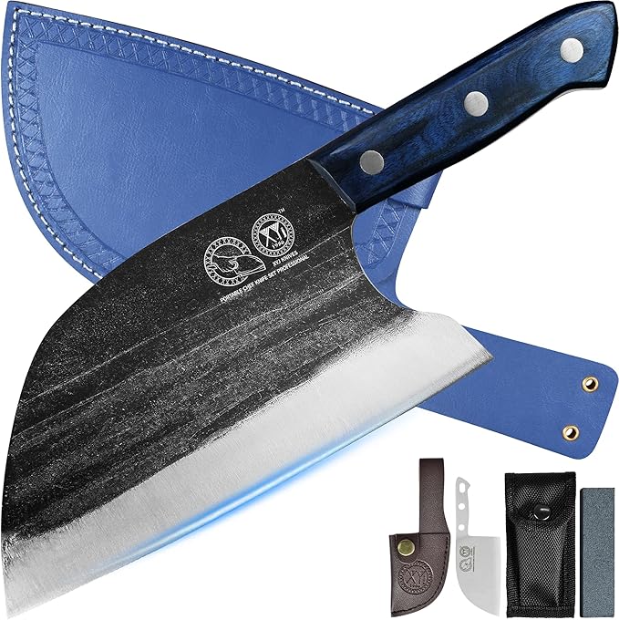 XYJ Authentic Since 1986,Ancient Forged Butcher Knives,Serbian Chef Knife With Sheath,Tiny Knife,Chinese Vegetable Meat Cleaver For Kitchen Camping Outdoor,Full Tang,High Carbon Steel (8 inch)