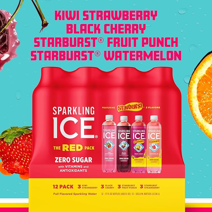 Sparkling Ice STARBURST Red Variety Pack, Zero Sugar Flavored Sparkling Water, Vitamins & Antioxidants, 17 fl oz, 12 count (Kiwi Strawberry, Black Cherry, Starburst Fruit Punch, Starburst Watermelon)