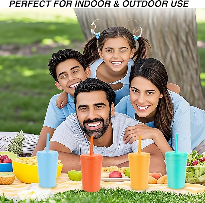 10 oz Wheat Straw Cups with Lids and Silicone Straws, Unbreakable Drinking Glasses, Plastic Cups for Kitchen, Small Tumbler Cups with Cleaning Brush, BPA Free, Dishwasher & Microwave Safe, 6 Pack