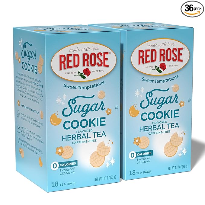 Red Rose Sweet Temptations Dessert Tea Sugar Cookie, Zero Carbs, Zero Sugar Bursting with Flavor Caffeine-Free Delicious Beverage Herbal Tea, 18 Count Pack of 2 Fruit Naturally Flavored Herbal Tea