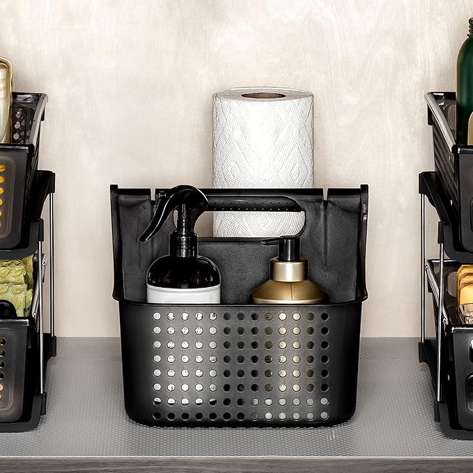 madesmart 2-Compartment Soft Grip Shower Tote for Bathroom Organization, Plastic Storage Shower Caddy Bucket, Small, Carbon