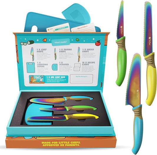 Kids Knife Set for Real Cooking | Skin Safe Chef Set for Ages 3+ with Rainbow Blades, Cutting Board, Scraper, Recipe Cards | Jr Chef Cooking Gift for Teens & Kids (16 Pcs)
