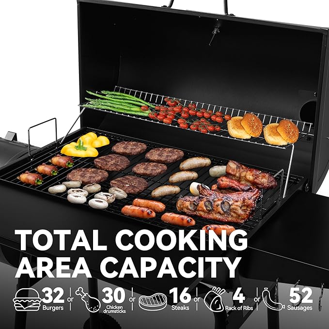 Royal Gourmet CC1830SC Charcoal Grill Offset Smoker with Cover, 811 Square Inches, Black, Outdoor Camping
