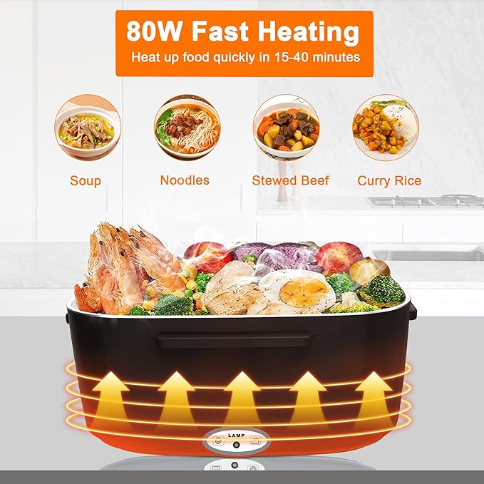 Electric Heated Lunch Boxes Adults: 80W Electric Lunch Box Food Heated 12/24/110V 1.5L Heatable Lunch Box for Car/Truck/Office Leak-Proof Stainless Steel Container,Fork & Spoon,Bag (Black)