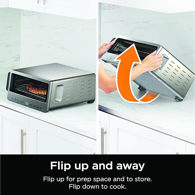 Ninja Flip Toaster Oven & Air Fryer, 8-in-1 Functionality, Flip Up for Storage Space, Large Capacity, Air Fry Basket, Wire Rack, Sheet Pan, Removable Crumb Tray, Stainless, 1800 Watts, SP151 (Renewed)