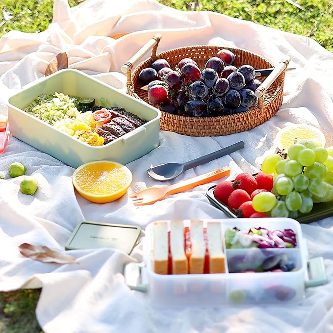 linoroso Stackable Bento Box Adult Lunch Box | Meet All You On-the-Go Needs for Food, Salad, and Snack Box, Premium Bento Lunch Box for Adults Include Utensil Set, Dressing Containers - Pale Mint