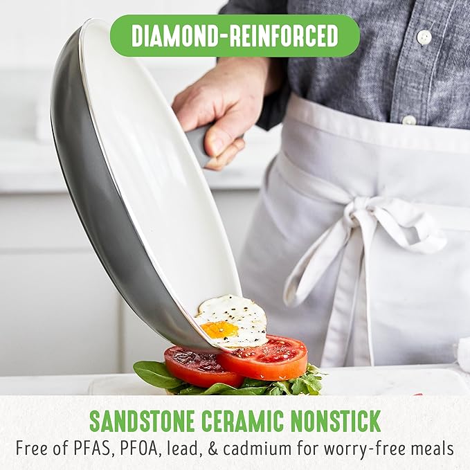 GreenLife Soft Grip 12" Frying pan, Non-Toxic PFAS-Free Ceramic Nonstick, Stay-Cool Handles, Wobble Free, Dishwasher & Oven Safe, Gray