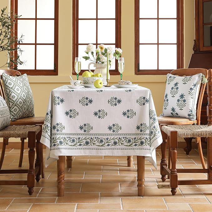 ISAENNE Designer White Linen Small Tablecloth Rectangular,Chinoiserie Floral Elegant Indoor Table Cloth,Fall Stain Proof Decor Tablecloths for Dining Thanksgiving Kitchen,55"*87"-Mosella F
