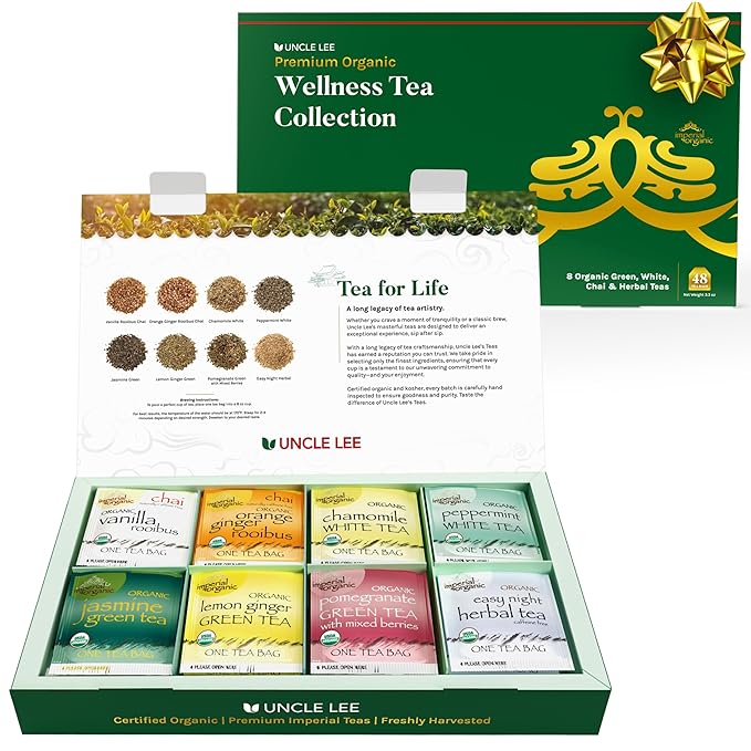 Uncle Lee’s Organic Tea Variety Gift Set – Wellness Collection with 8 Teas (6 Bags Each) in a Premium Gift Box, 3.3 Oz (48 Tea Bags)