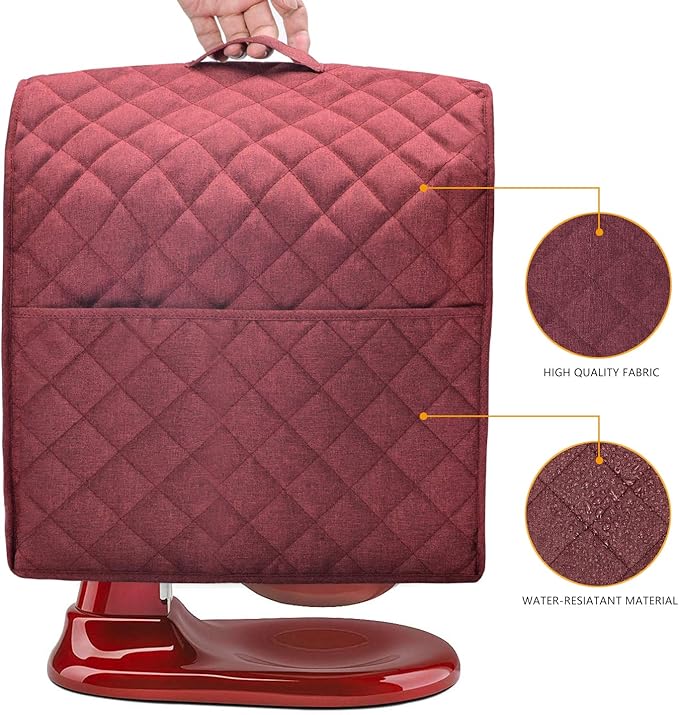 Stand Mixer Dust Cover with 3 Pockets Compatible with KitchenAid Tilt Head, Easy Cleaning,Can Ironable (Red Wine, Fits for 6-8 Quart)
