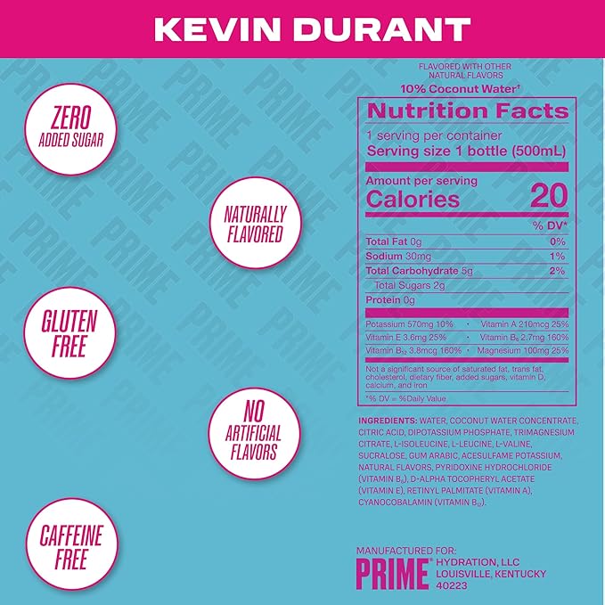 PRIME Hydration KEVIN DURANT Sports Drinks, Electrolyte Enhanced for Replenishing Fluids 250mg BCAAs, B Vitamins, Antioxidants, Low Sugar, 16.9 Fl Oz, 12 Pack