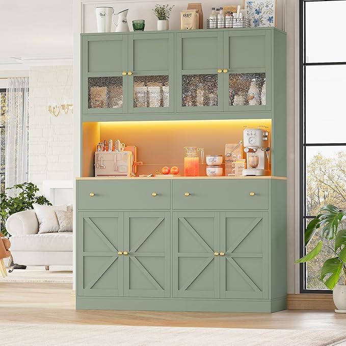 FINETONES 71" Pantry Cabinet with LED Light and Charging Station, Farmhouse Kitchen Pantry Cabinet with Microwave Stand, 47.2" Wide Kitchen Hutch Food Pantry with Open Countertop, Green