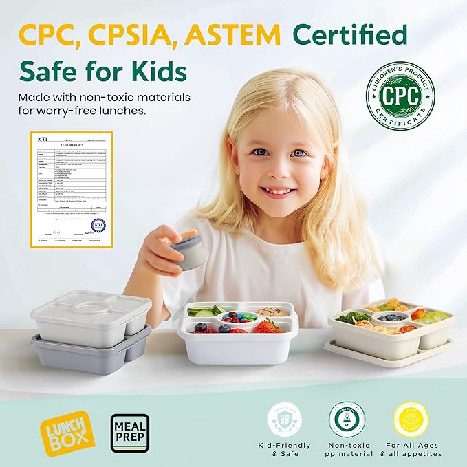 QQKO Bento Snack Box Containers for Adults Kids, Meal Prep Containers Reusuable Bento Lunch Box, Lunchable Food Storage Containers with Lids and Sauce Cups, White Brown