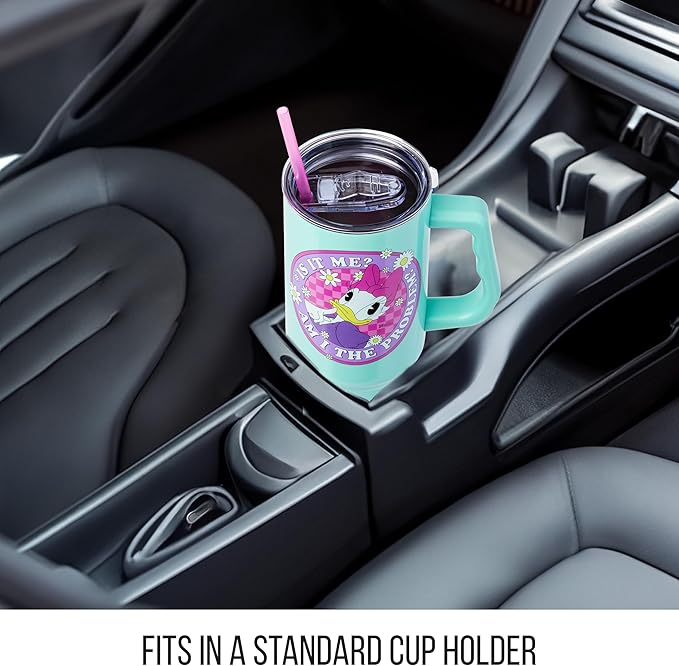 Silver Buffalo Disney Mickey and Friends Featuring Daisy Duck Is It Me? Am I The Problem? Stainless Steel Tumbler with Handle and Straw, Fits in Standard Cup Holder, 40 Ounces