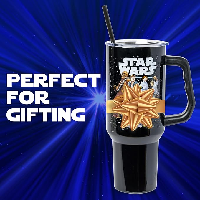 Silver Buffalo Star Wars Featuring Chewbacca, Yoda, R2-D2, C-3PO, Princess Leia, Han Solo, and Luke Skywalker Stainless Steel Tumbler with Handle and Straw, Fits in Standard Cup Holder, 40 Ounces