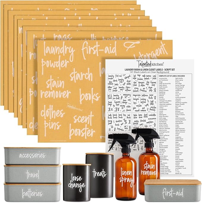 Talented Kitchen Laundry Room Organization Labels - 141 Preprinted White Script Clear Vinyl, Water-Resistant - Sticker Labels for Jars & Food Containers - Pantry, Bathroom & Linen Closet