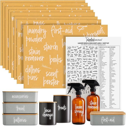 Talented Kitchen Laundry Room Organization Labels - 141 Preprinted White Script Clear Vinyl, Water-Resistant - Sticker Labels for Jars & Food Containers - Pantry, Bathroom & Linen Closet
