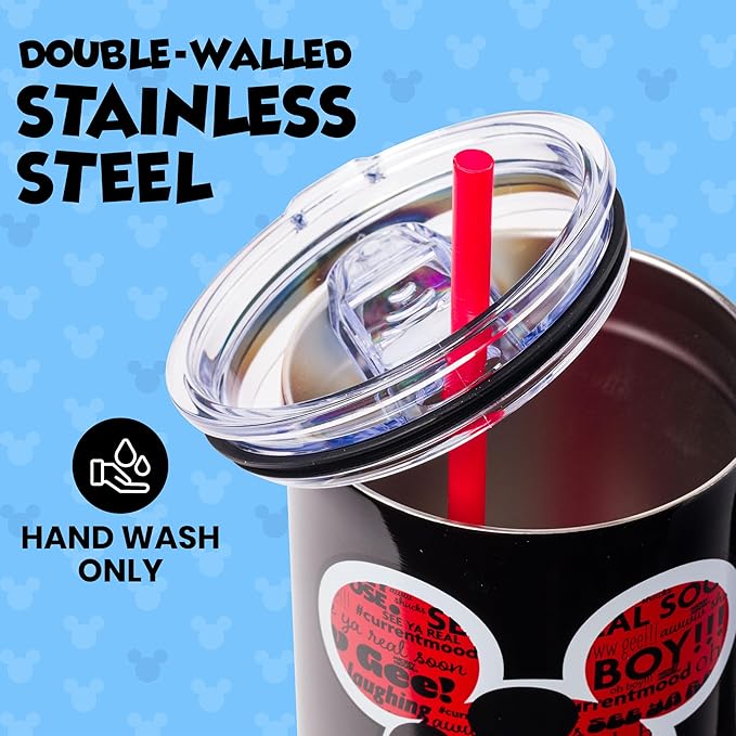 Silver Buffalo Disney Classic Mickey Mouse Hashtag Current Mood “#currentmood” Stainless Steel Tumbler with Handle and Straw, Fits in Standard Cup Holder, 40 Ounces