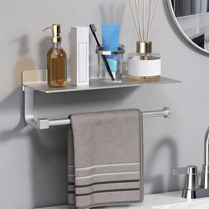 Danpoo Wall Mount Paper Towel Holder with Shelf for Bathroom/Kitchen, Adhesive Hand Towel Holder, Matte Silver