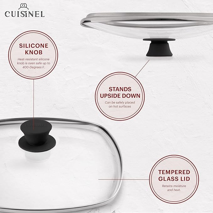 Cuisinel Cast Iron Grill Pan + Glass Lid + Silicone Handle Cover + Pan Scraper - 10.5"-inch Pre-Seasoned Square Skillet - Stovetop, Induction Safe - Indoor/Outdoor Use - for Grilling, Frying, Sautéing
