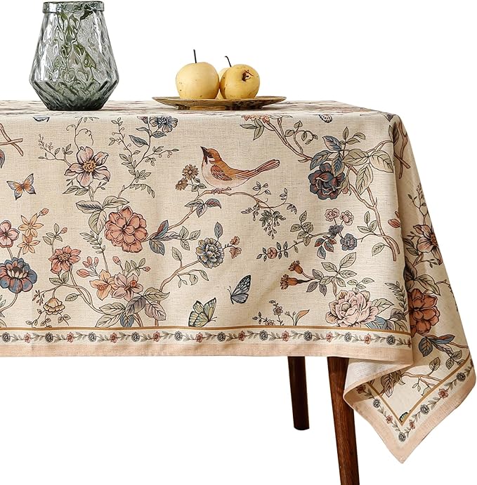 ISAENNE Designer French Light Beige Long Tablecloth Rectangle,Linen Florals and Birds Pattern Table Cloth,Anti-Wrinkle Decorative Tablecloths for Dining Thanksgiving Kitchen,63"*94"-Cornucopia