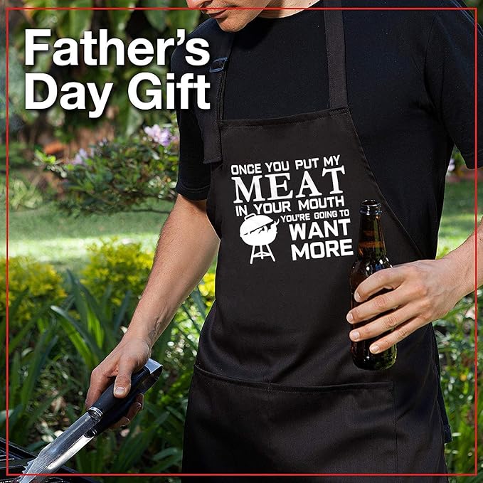 Funny Grilling Apron for Men, Adjustable Black BBQ Cooking Apron with Three Large Pockets, Chef Kitchen Apron for Barbecue and Outdoor Use, Gift for Dad, Husband, Boyfriend