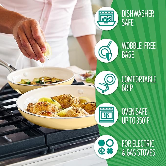 GreenLife Artisan Healthy Ceramic Nonstick, 8" and 10" Frying Pan Skillet Set, Stainless Steel Handle, PFAS-Free, Dishwasher Safe, Oven Safe, Yellow