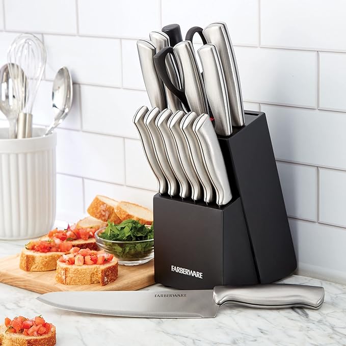 FARBERWARE 15-Piece Kitchen Knife Set with High-Carbon Stainless Steel Blades, Black Handles, Steak Knives, Wood Block, Razor Sharp and Ergonomic