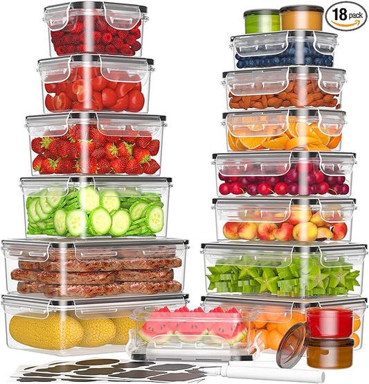 36-Piece Food Storage Containers with Lids(18 Container & 18 Lid), Plastic Food Containers for Pantry & Kitchen Storage and Organization, BPA-Free, Leak Proof, Reusable with Labels & Pen