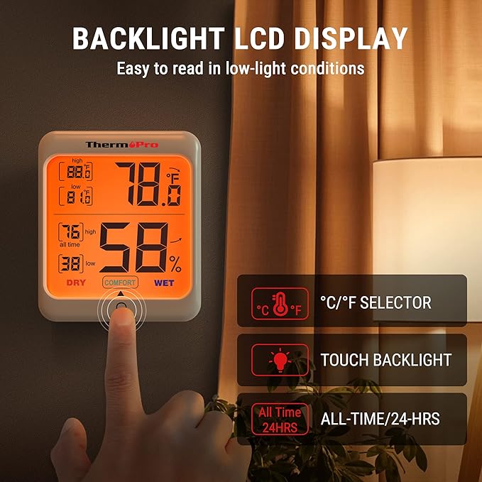 ThermoPro TP53 2 Pack Digital Hygrometer Indoor Thermometer for Home, Temperature Humidity Sensor with Comfort Indicator & Max Min Records, Room Thermometer Humidity Meter with Backlight Display