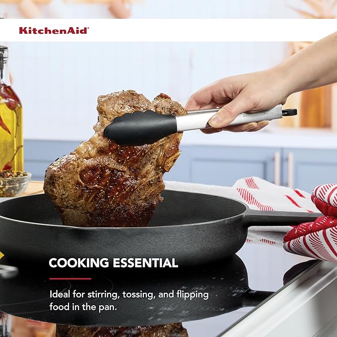 KitchenAid Silicone Tipped Stainless Steel Tongs, Black, 9 Inch