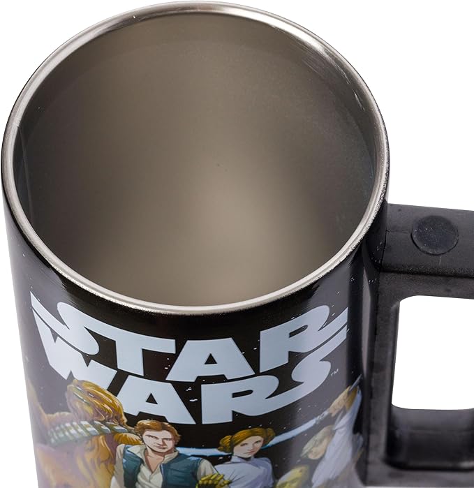 Silver Buffalo Star Wars Featuring Luke Skywalker, Princess Leia, Hans Solo, Chewbacca, Yoda, R2-D2, and C-3PO Double Wall Stainless Steel Travel Mug With Handle, 15 Ounces