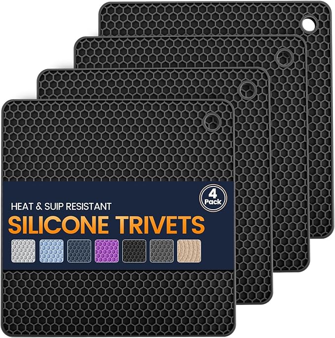 Silicone Trivet Mats 4 Heat Resistant Pot Holders Multipurpose Non-Slip Hot Pads for Kitchen Potholders, Drying mat, Jar Opener, Spoon Holder, Coaster.(Dark Black)