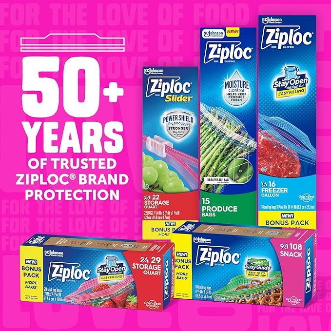 Ziploc Gallon Food Storage Bags, Stay Open Design with Stand-Up Bottom, Easy to Fill, 81 Count (Packaging May Vary)