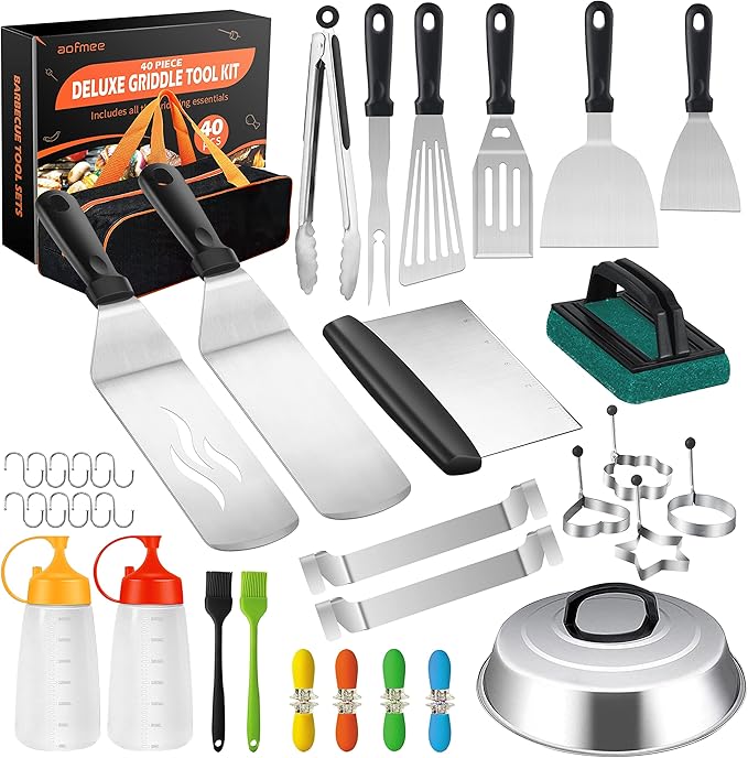 40 Pcs Griddle Accessories Kit, Flat Top Grill Accessories Set for Blackstone and Camp Chef, Griddle Tools Set with Spatula, Basting Cover, Scraper, Bottle, Tongs, Egg Ring for Outdoor BBQ and Camping